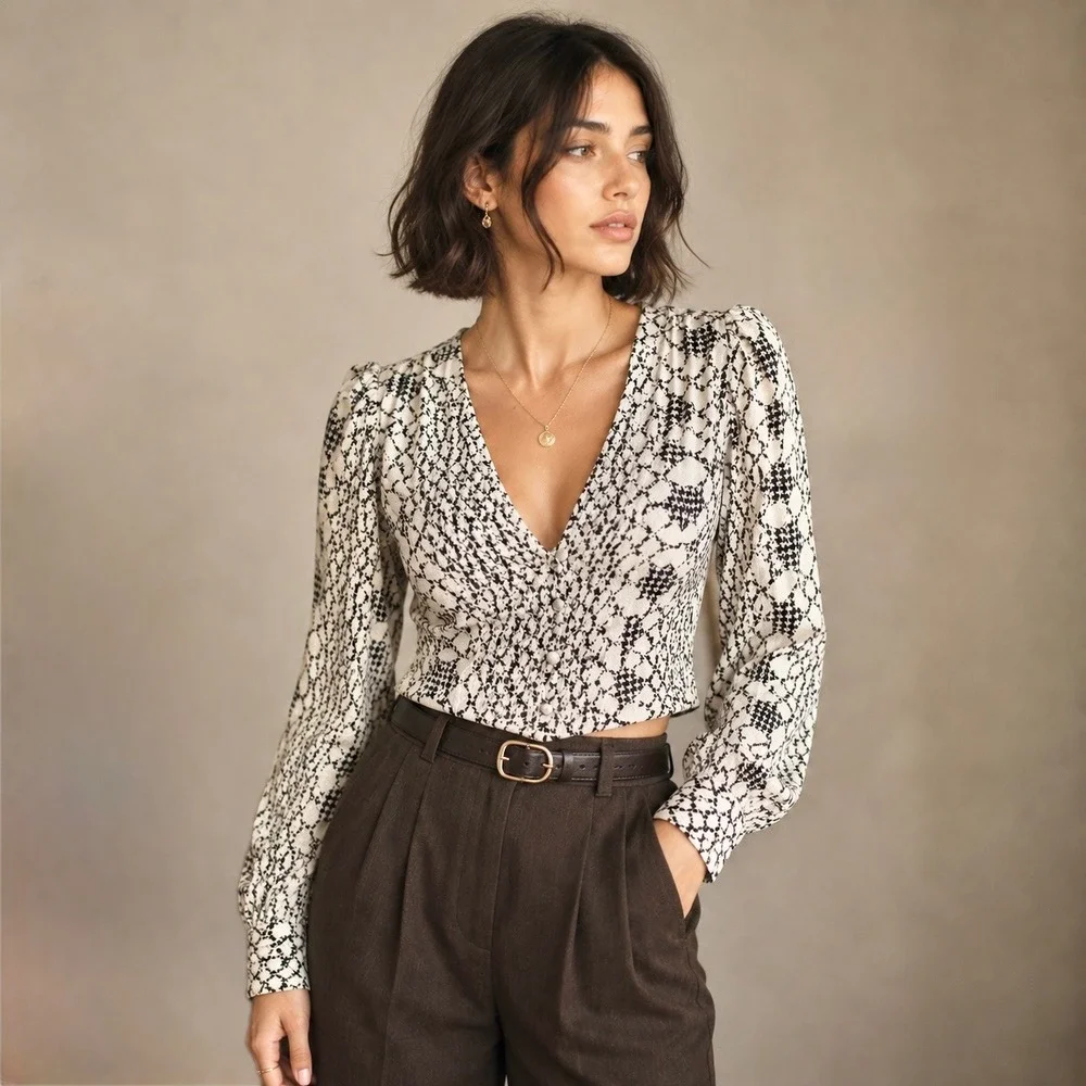 Free People Blouse Houndstooth Snakeskin Puff Long Sleeve Victorian Dark Boho S